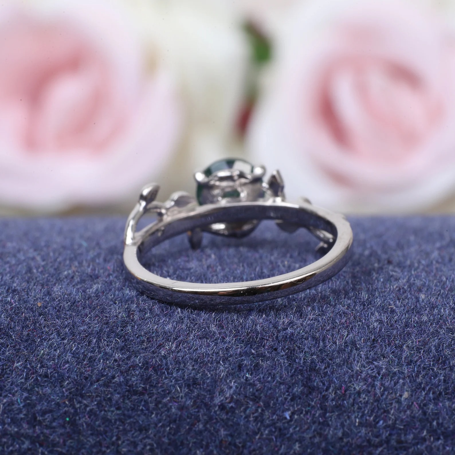Vintage moss agate engagement ring Art deco leaf promise ring Nature inspired solid 14K 18K white gold cluster ring Unique Anniversary gifts