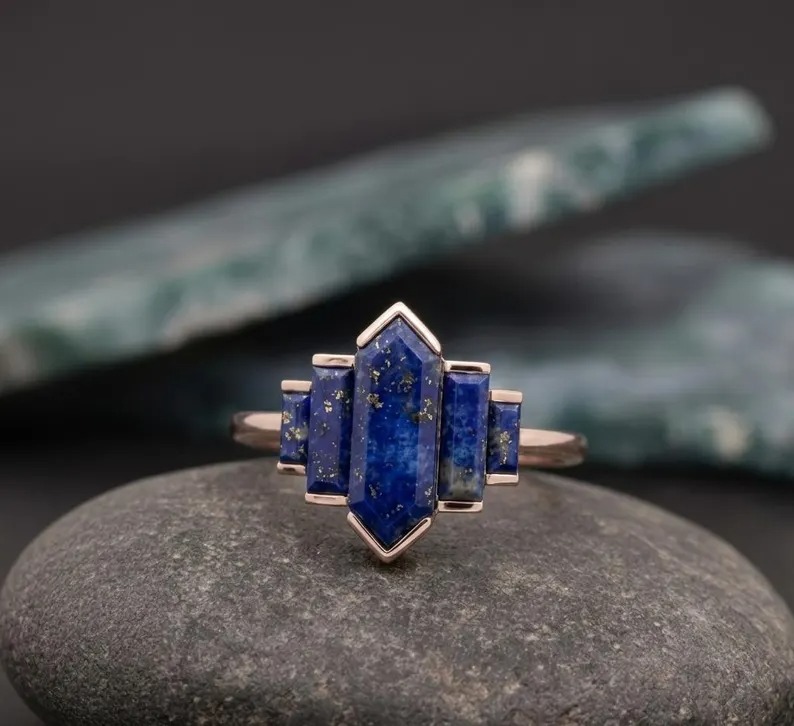Hexagon Cut Lapis Lazuli Five Stone Wedding Ring, 14K Yellow Gold Half Bezel Minimalist Art Deco Blue Gemstone Engagement Ring, Promise Ring