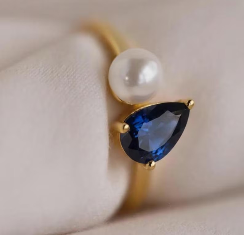 Toi et Moi Pearl And Sapphire Engagement Ring, Cluster Round & Pear Cut Two Stone Wedding Ring, Vintage Prong Set Anniversary Ring For Her