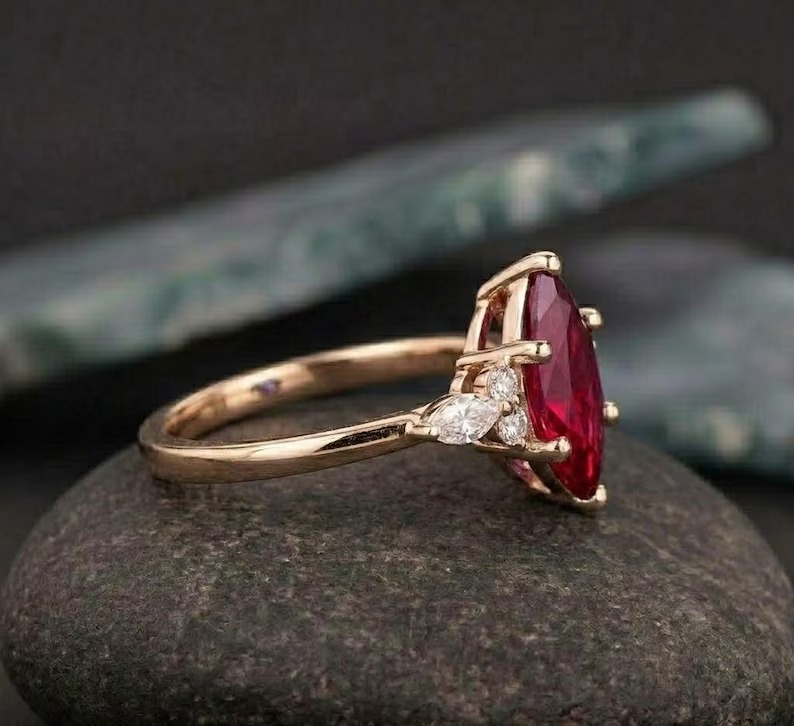 Marquise Ruby Ring, Red Gemstone Engagement Ring, Diamond Accent Cluster Ring, Vintage Red Ruby Promise Ring, July Birthstone Jewelry Gift