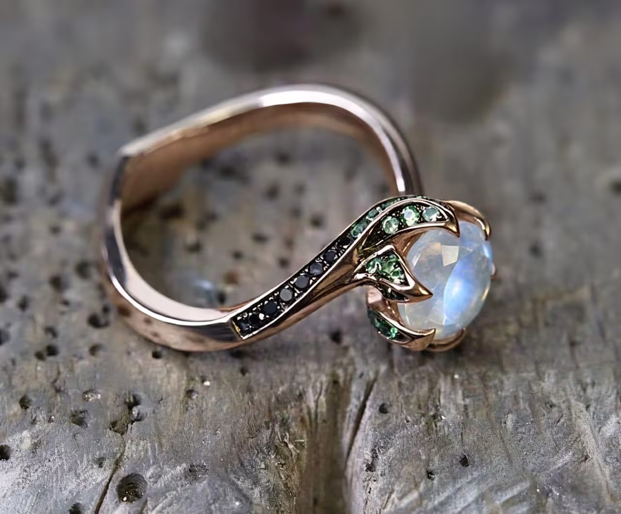 Natural Moonstone Ring, Round Cut Moonstone Engagement Ring with Green And Black Gemstone Accents, Unique Gold Ring, Nature Inspired Ring