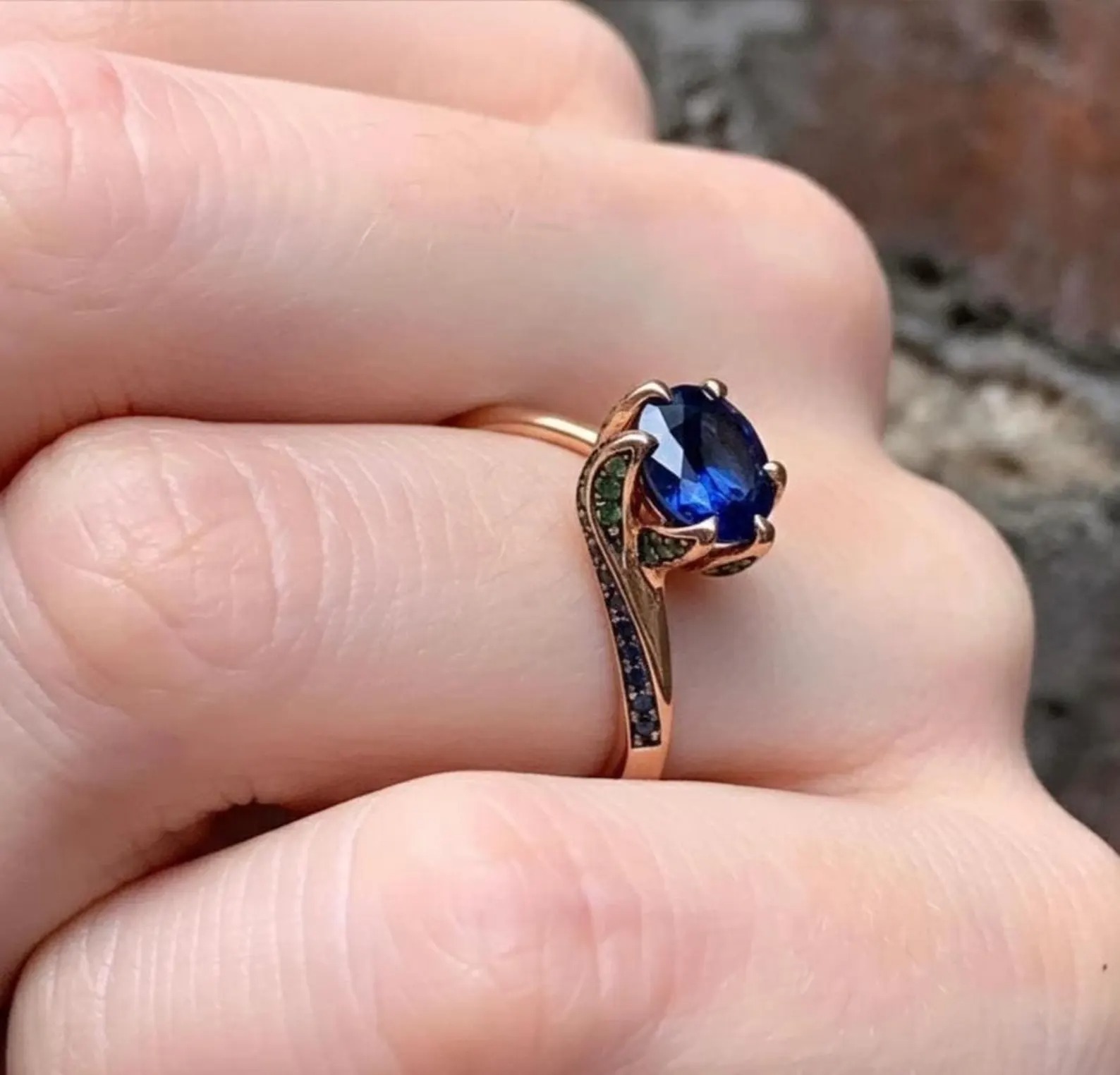 Blue Sapphire Engagement Ring, 14k Gold Round Cut Blue Gemstone Ring, Handmade Art Deco Green And Black Accents Ring, Anniversary Jewelry