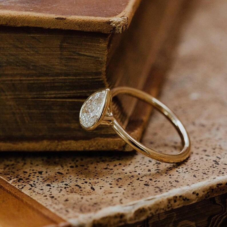2CT Pear Cut Moissanite Engagement Ring, 14K Yellow Gold Ring, Bezel Set Solitaire Ring, Minimalist Bridal Ring for Her, Personalized Gift