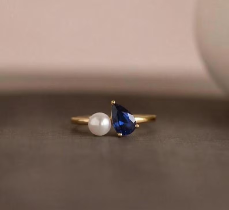 Toi et Moi Pearl And Sapphire Engagement Ring, Cluster Round & Pear Cut Two Stone Wedding Ring, Vintage Prong Set Anniversary Ring For Her