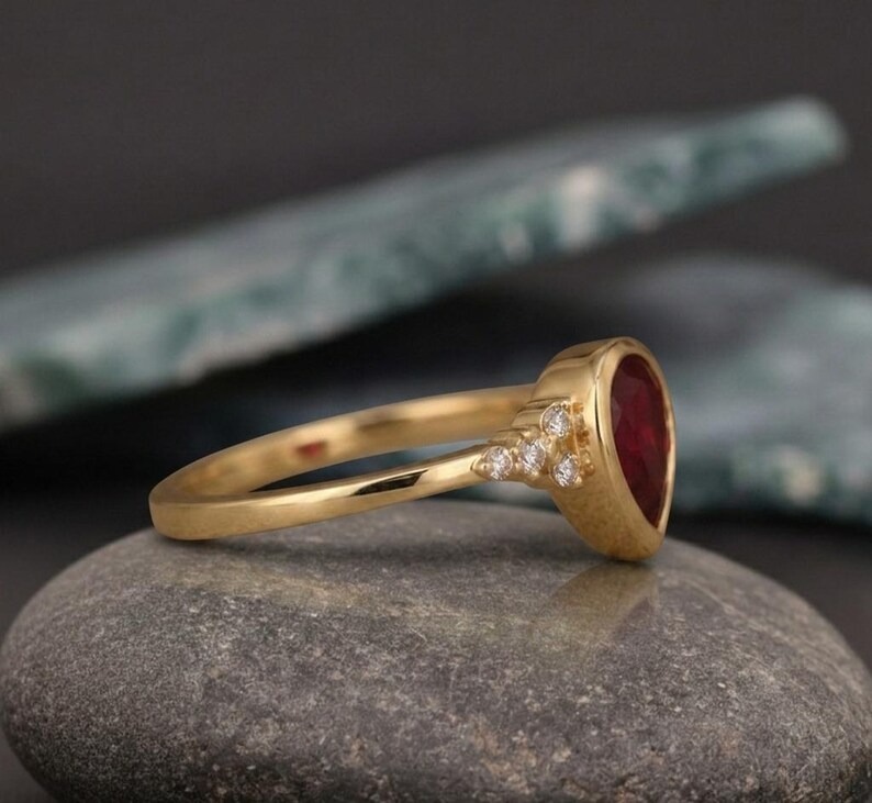 Pear Shape Ruby Ring Gold | Vintage Style Engagement Ring | Ruby Diamond Ring | Handmade Bridal Ring | Unique Teardrop Gemstone Jewelry Gift