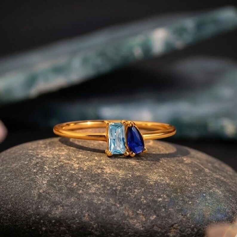 Vintage Toi Et Moi Engagement Ring, Baguette Aquamarine & Pear Sapphire Ring, 14k Rose Gold Promise Ring, Two Stone Wedding And Couple Ring