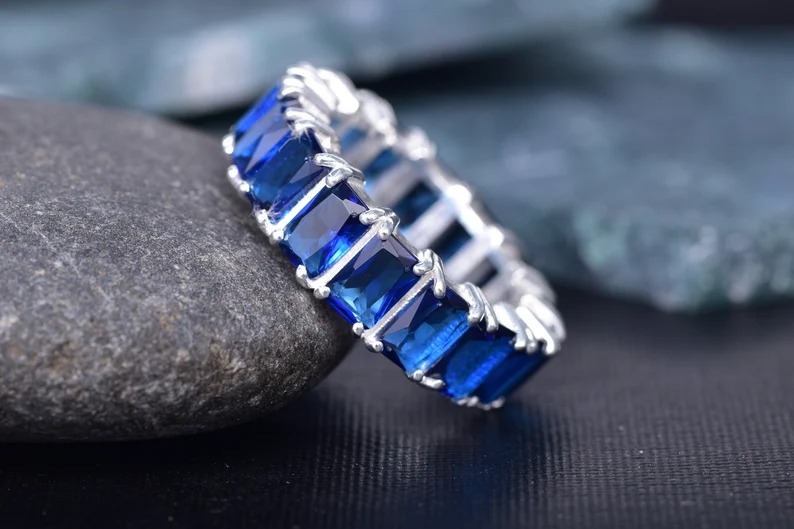 Full Eternity Stackable Band Lab Blue Sapphire Band CZ Solid 925 Sterling Silver Wedding Band, Eternity Band September Stone