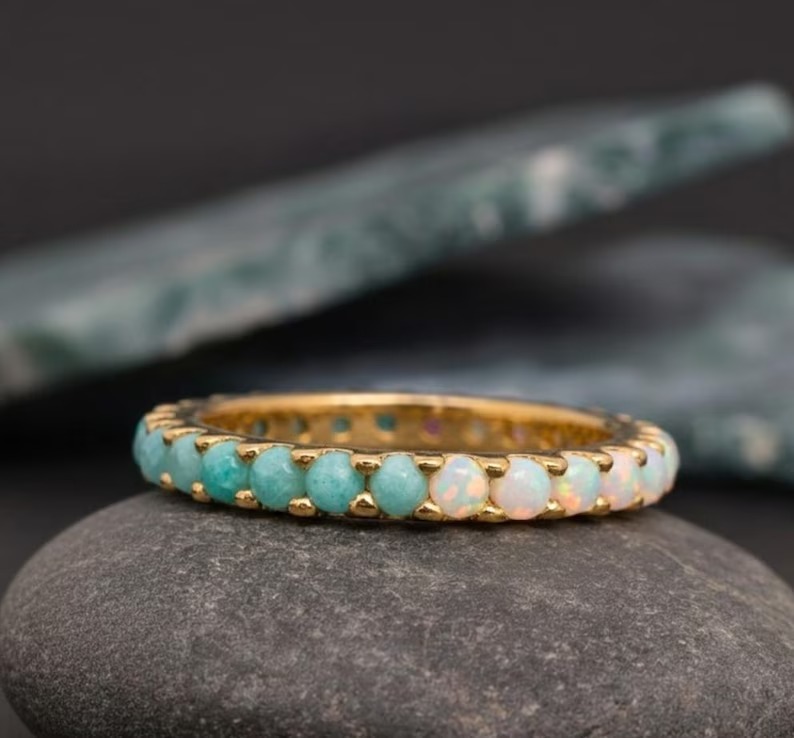 Vintage Solid Gold Full Eternity Band, Opal & Turquoise Solitaire Wedding Band, Anniversary Gift For Wife, Round Natural Gemstone Ring