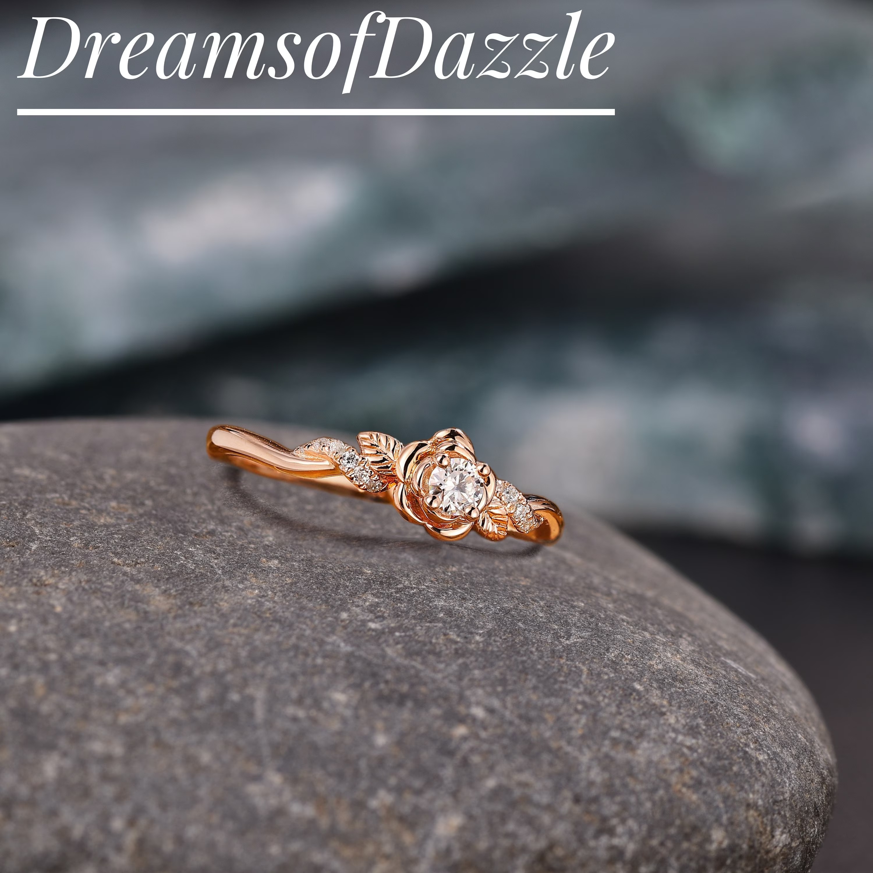 Floral Round Cut Moissanite Engagement Ring Rose gold Delicate Nature inspired Leaf design Bridal Ring Twist Anniversary Ring