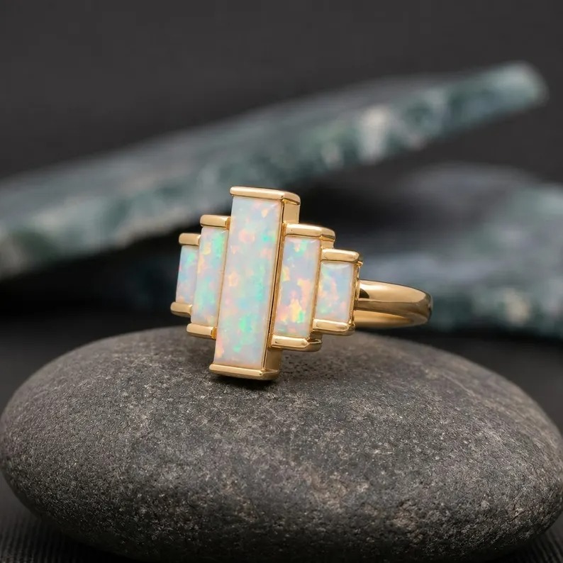 Natural Opal Ring 14k Solid Gold Ring, October Birthstone Ring, Baguette Cut Opal Engagement Ring, Dainty Opal Gemstone Ring, Gifts for Mom
