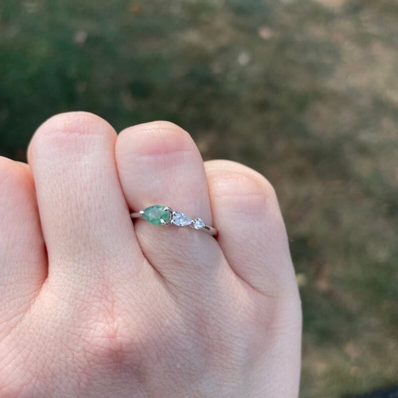 Vintage Moss Agate Ring Engagement Ring, Pear Cut Gems, Art Deco Moissanite Wedding Band,3 Stone Unique Women Bridal Promise Ring, Rose gold