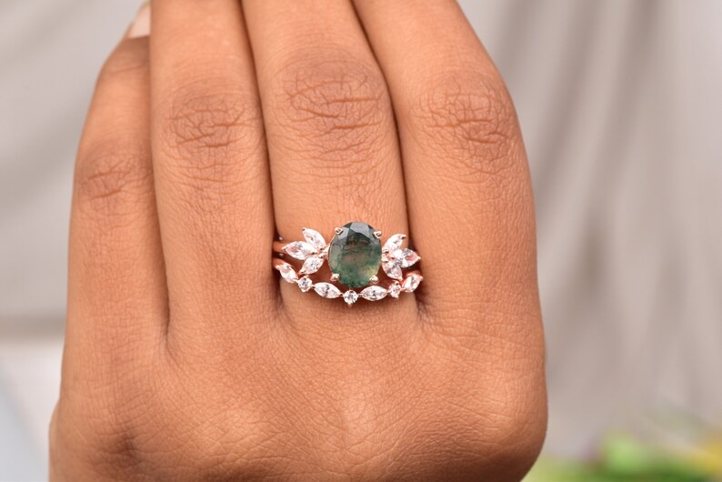 925 Sterling Silver Oval Cut Natural Moss Agate Ring For Women Wedding Engagement Band Gemstone Handmade Promise Ring Anniversary Ring Gift