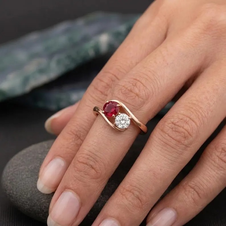 Toi et Moi Ruby and Diamond Engagement Ring, 14k Rose Gold Two Stone Ring, Round Cut Lab Ruby Bypass Ring, Forever Us Promise Ring for Women