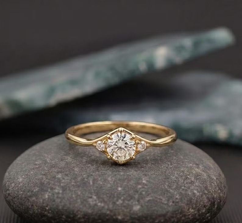 Minimalist Gold Engagement Ring, Round Cut Moissanite Ring, Dainty Promise Ring, Vintage Style Bridal Ring, Unique Wedding Ring Gift for Her