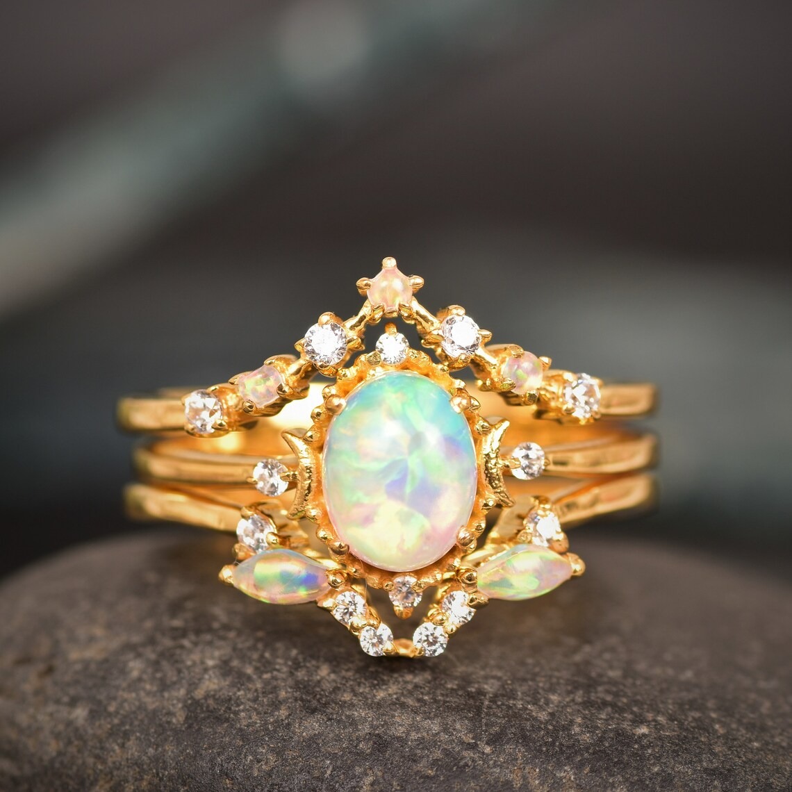 Oval Opal Ring, Vintage Opal Engagement Ring, White Opal Silver Jewelry, Gold Opal Ring, Women's Opal Ring, October Birthstone