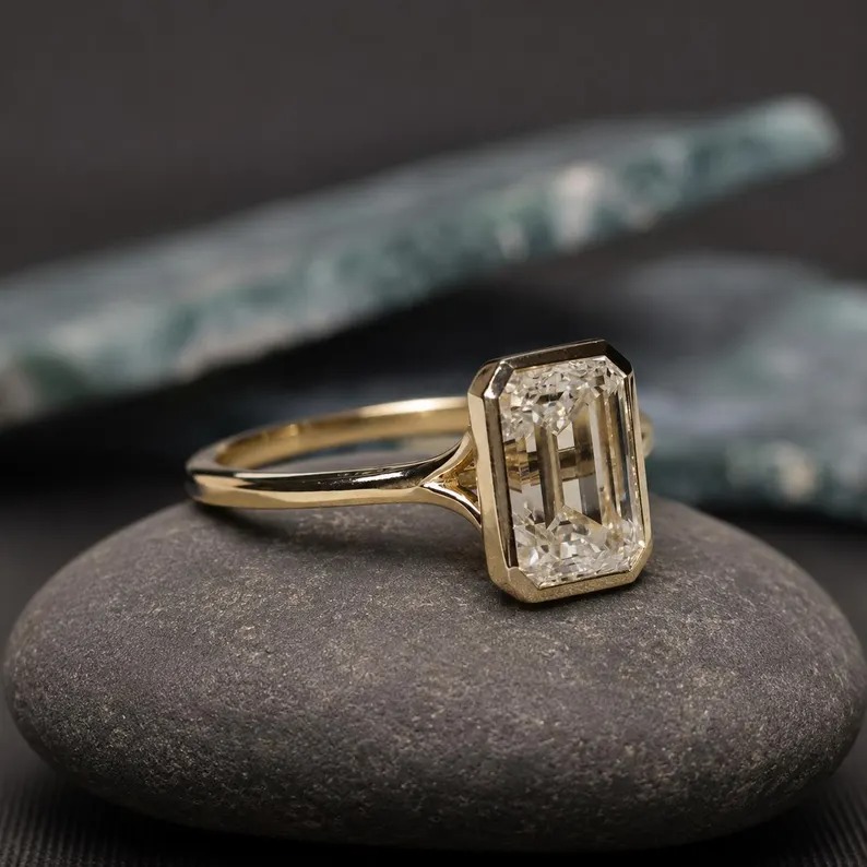 3 CT Emerald Cut Moissanite Engagement Ring 14K Gold Ring Bezel Set Wedding Rings Moissanite Bezel Set Solitaire Ring Promise Ring for Women