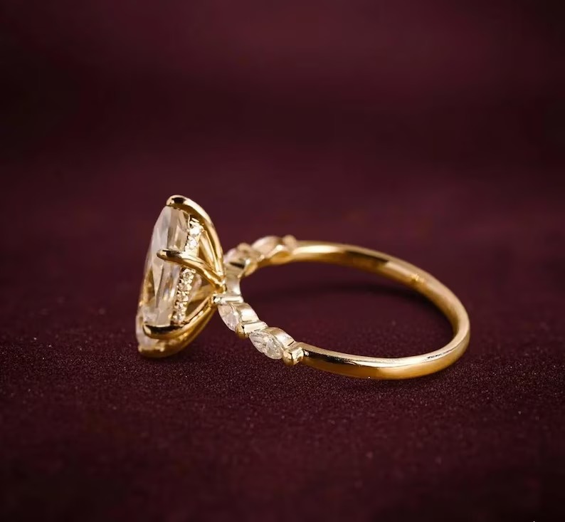 Marquise Cut Moissanite Engagement Ring, Hidden Halo Weeding Ring With Marquise Side Gemstone Accent Ring, Anniversary & Bridal Gift For Her