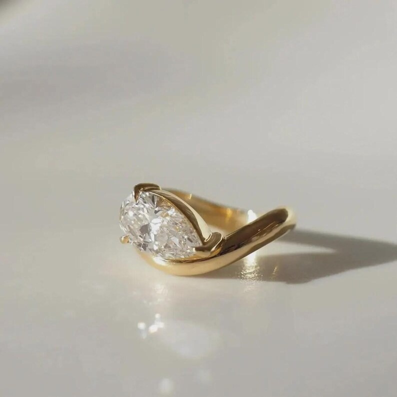 Moissanite Wave Shank Ring, Horizontal Tear Drop Unique Bridal Ring, 18K Yellow Gold Diamond Engagement Ring, Solitaire Promise Wedding Ring