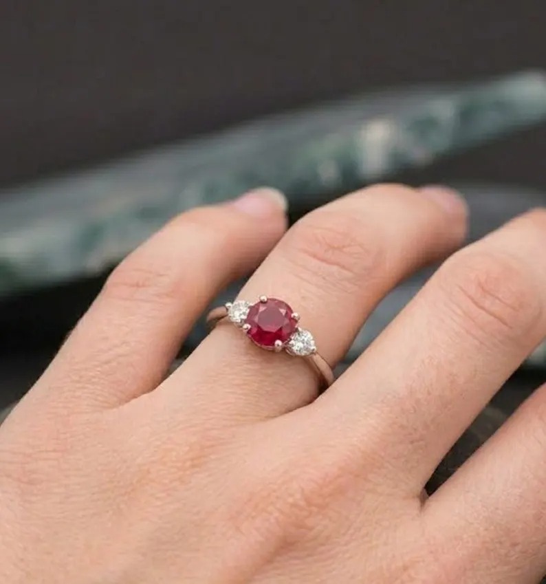 Ruby Engagement Ring For Women, Vintage Diamond Accents, Christmas Gift, Ruby Round Cut 14K Solid Gold Ring, Minimalist Birthstone Jewelry