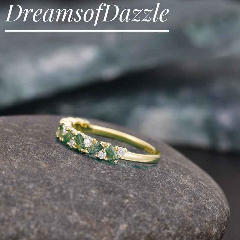 Moss Agate Cluster Wedding Band Bridal Moissanite Ring Promise Anniversary Matching Ring Unique Jewelry Half Eternity Band Gift For Love