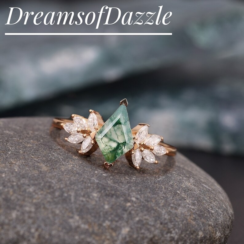 Vintage Kite Cut Moss Agate Engagement Ring, Unique 14k Cluster Marquise Moissanite Ring, Delicate-Stacking Ring, Anniversary Gift For Her