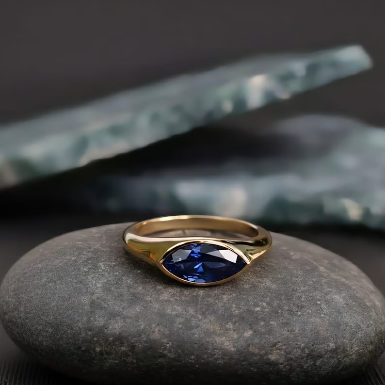 Marquise Blue Sapphire Ring: East-West Sterling Silver Signet, Bezel Set Gemstone Wedding Ring, Promise Ring, Single Solitaire Delicate Ring