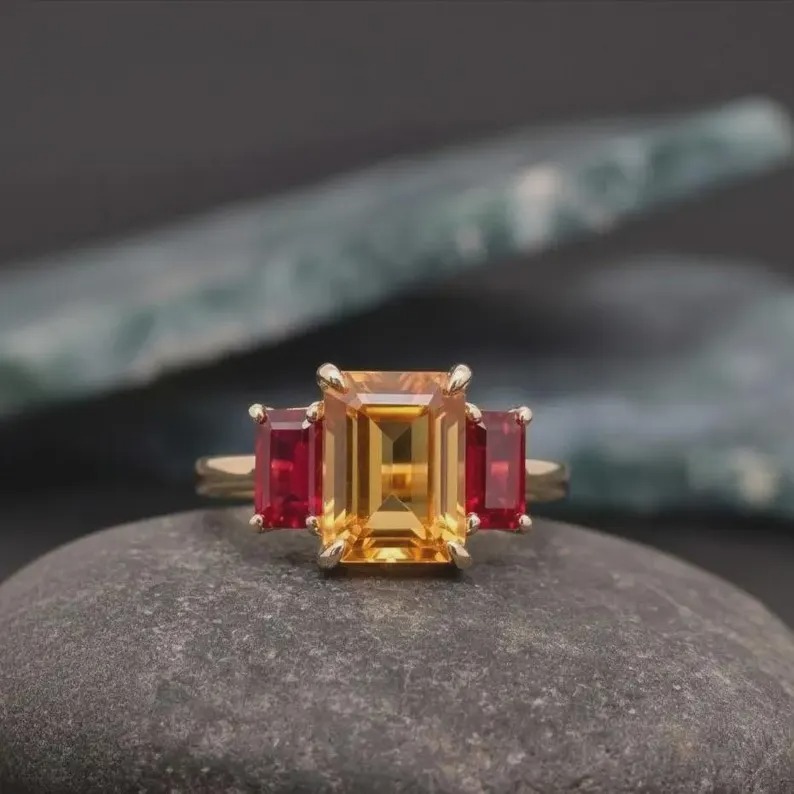 Emerald Shape Citrine & Baguette Cut Ruby Cluster Statement Wedding Ring, Prong Setting Gemstone Anniversary And Proposal Gift Ring For Her