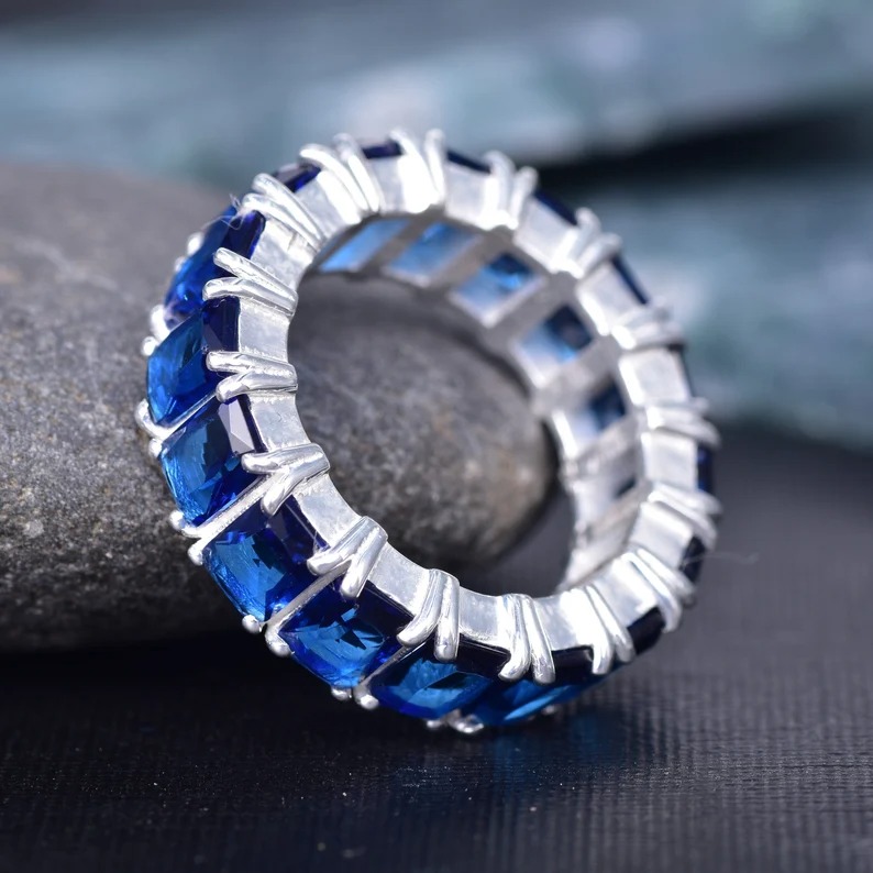 Full Eternity Stackable Band Lab Blue Sapphire Band CZ Solid 925 Sterling Silver Wedding Band, Eternity Band September Stone