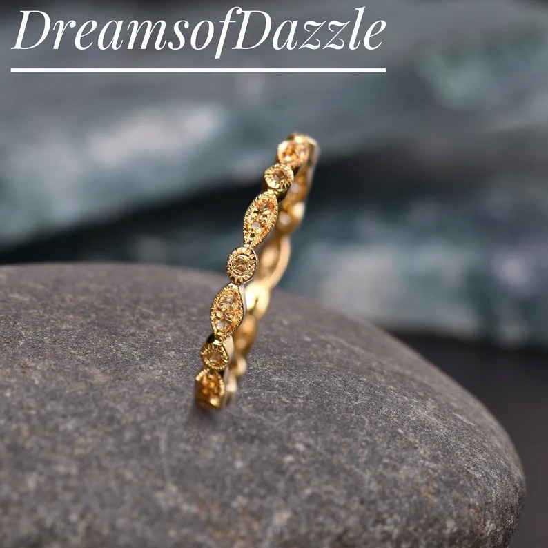 Citrine Wedding Ring Yellow Citrine Ring Full Eternity Band, Small & dainty unique women's wedding band, anniversary ring customized Gift