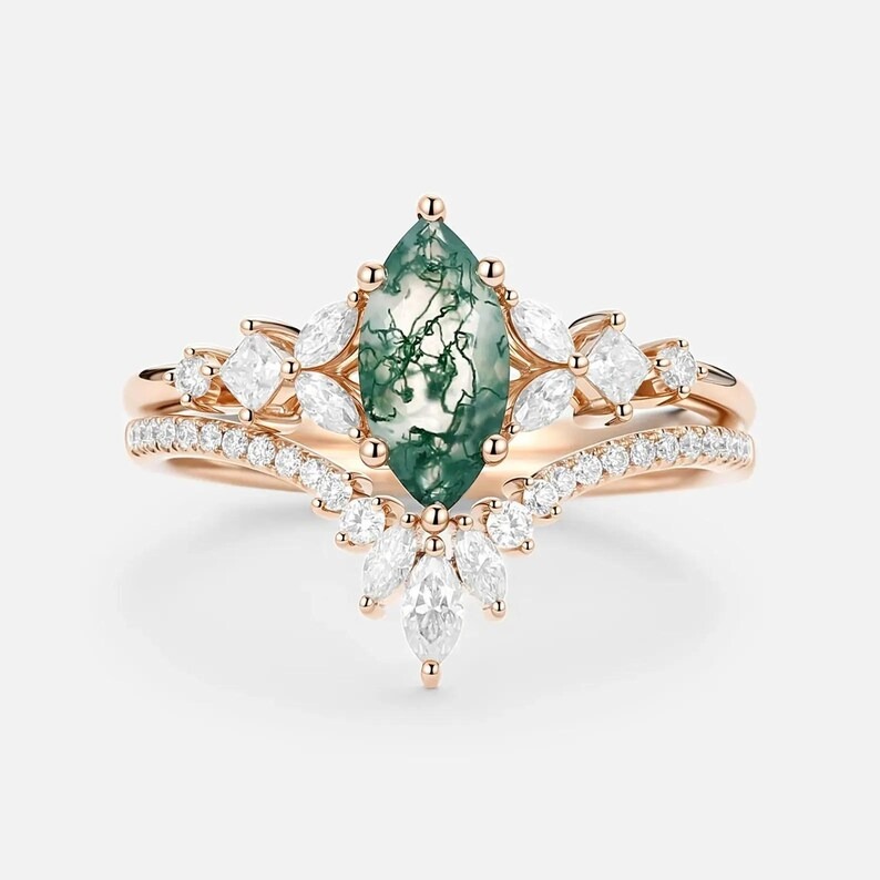 Marquise Cut Moss Agate Engagement Ring Set, Vintage Cluster Curved Moissanite Wedding Ring, Nature Inspired Anniversary Ring Set For Women