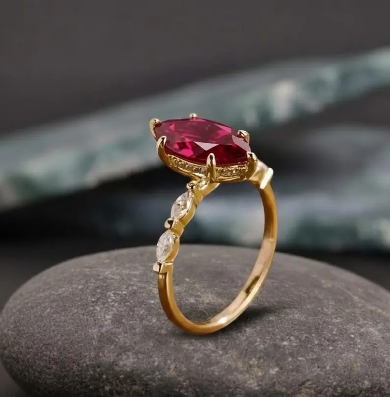 Ruby Ring, Marquise Cut Ruby Engagement Ring, Hidden Halo Weeding Ring With Marquise Side CZ Accent Ring, Anniversary & Bridal Gift For Her