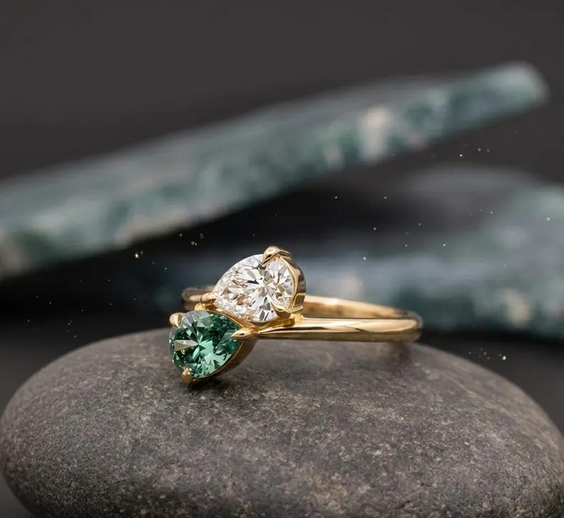 Vintage Toi Et Moi Engagement Ring, Green Tourmaline & Pear Moissanite Ring, 14k Gold Promise Ring, Two Stone Wedding Ring, Anniversary Gift