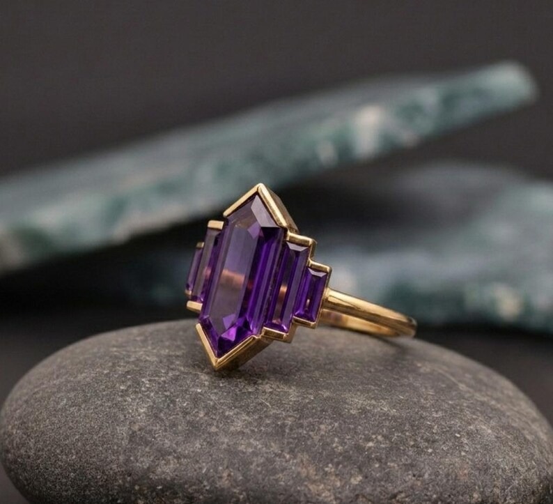 Hexagon Cut Purple Amethyst Ring, Unique Rose Gold Engagement Ring, Baguette Cut Ring Bezel Set Ring Vintage Bridal Wedding Anniversary Ring