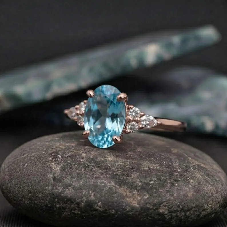 Oval Aquamarine Ring, 2.50 Ct Oval Shape Engagement Ring, Vintage Diamond Accent Ring, Cluster Bridal 14k Yellow Gold Wedding Ring For Woman