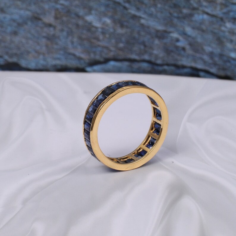 Full Eternity Stackable Band Lab Blue Sapphire Band CZ Solid 925 Sterling Silver Wedding Band, Eternity Band September Stone