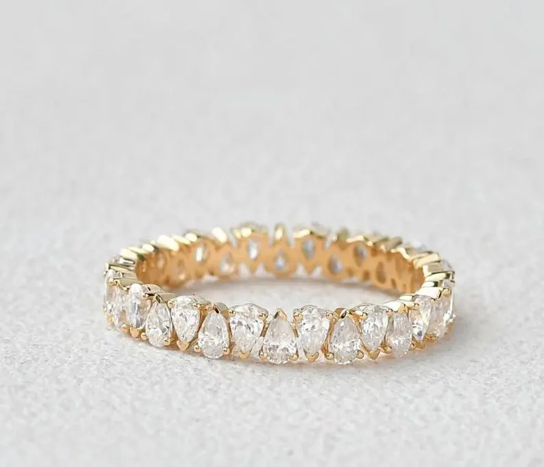 Pear Cut Moissanite Wedding Band, Vintage Full Eternity Stacking Gold Band, Minimalist Anniversary Band, Dainty Bridal Gold Vintage Jewelry