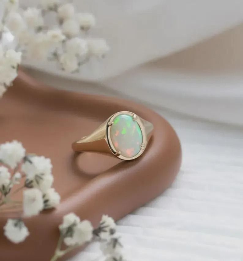 Natural Opal Ring 14k Solid Gold Ring, Oval Cut Opal Engagement Ring, October Birthstone Ring, Delicate Opal Ring, Gold Statement Jewelry