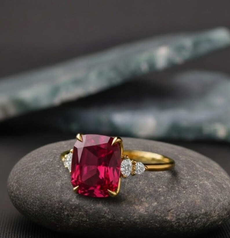 Ruby Engagement Ring, 14k Solid Gold Ring, Cushion Cut Red Gemstone Gold Ring with Diamond Accents, Vintage Inspired Promise Ring for Women