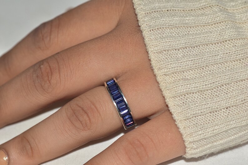 Full Eternity Stackable Band Lab Blue Sapphire Band CZ Solid 925 Sterling Silver Wedding Band, Eternity Band September Stone
