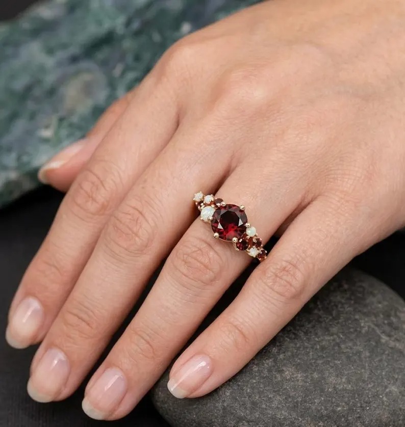 Round Garnet & Opal Cluster Ring, 925 Sterling Silver And Gold Vermeil Ring, Vintage Inspired Bridal Promise Ring, Unique Promise Gift Ring