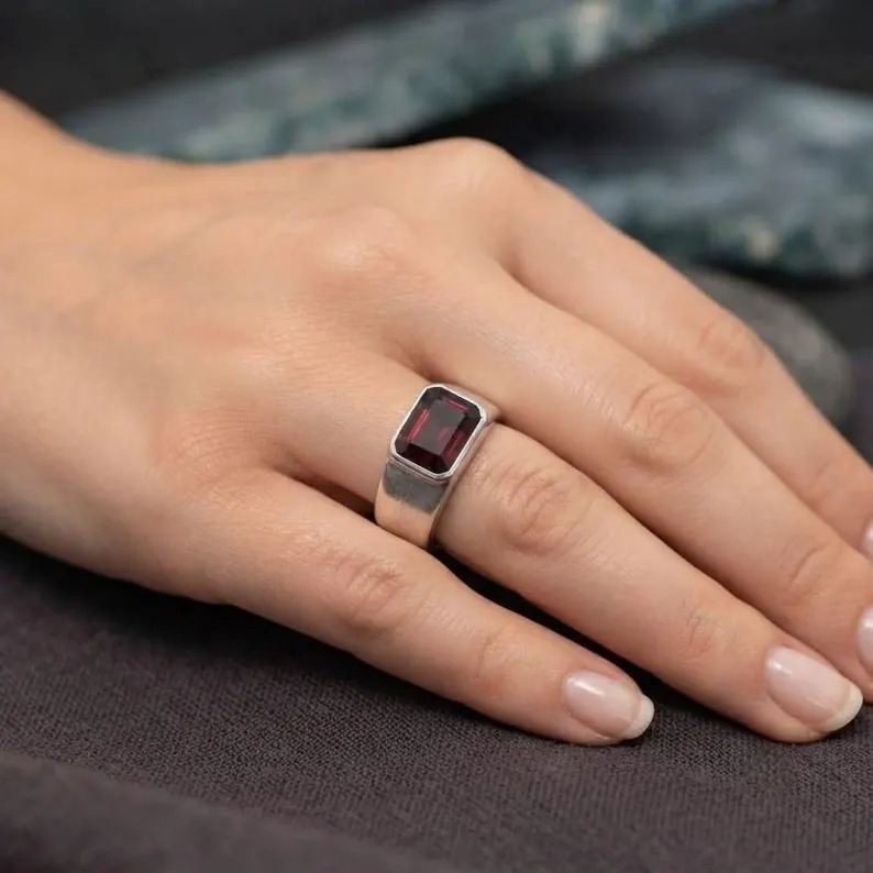Red Garnet Signet Ring, 925 Sterling Silver, Simple Men And Women Baguette Cut Red Garnet Gemstone Jewelry, Christmas Gift, Promise Ring
