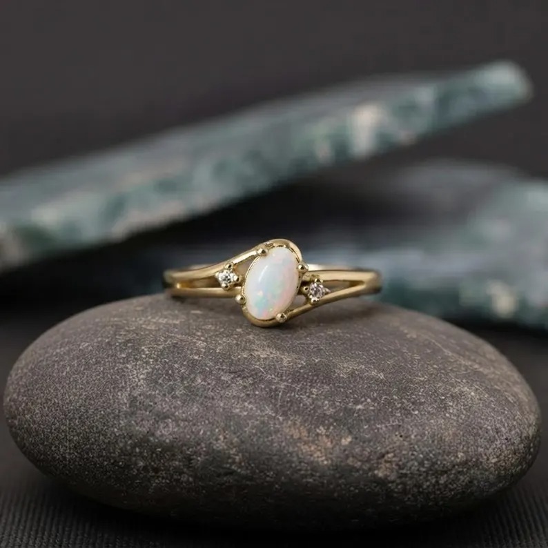 Dainty Oval Opal Ring, Gold Engagement Ring, October Birthstone Ring, Minimalist Promise Ring, Unique Bridal Jewelry, Unique Gift for Women