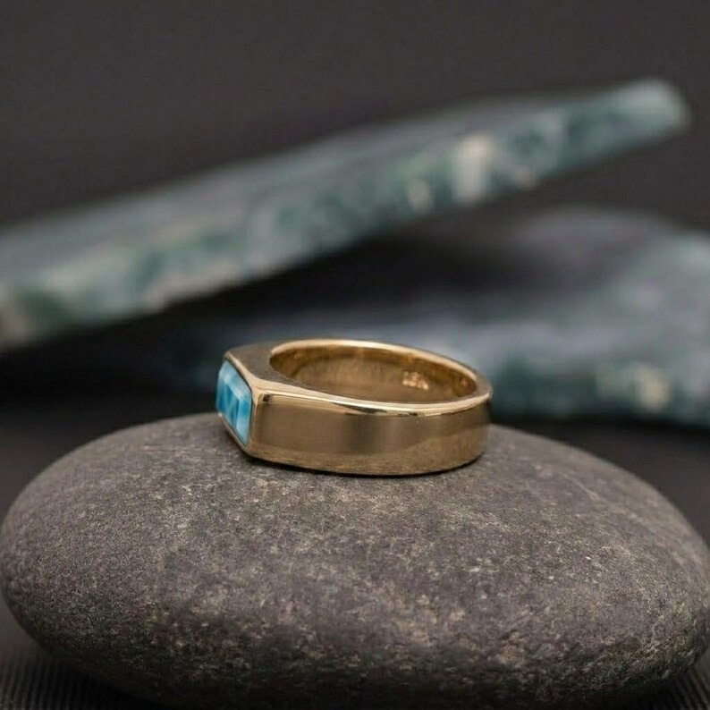 Dainty Blue Larimar 14k Gold Signet Ring, Minimalist Unisex Statement Ring, Baguette Gemstone Ring, Promise Ring, Christmas Gift For Her
