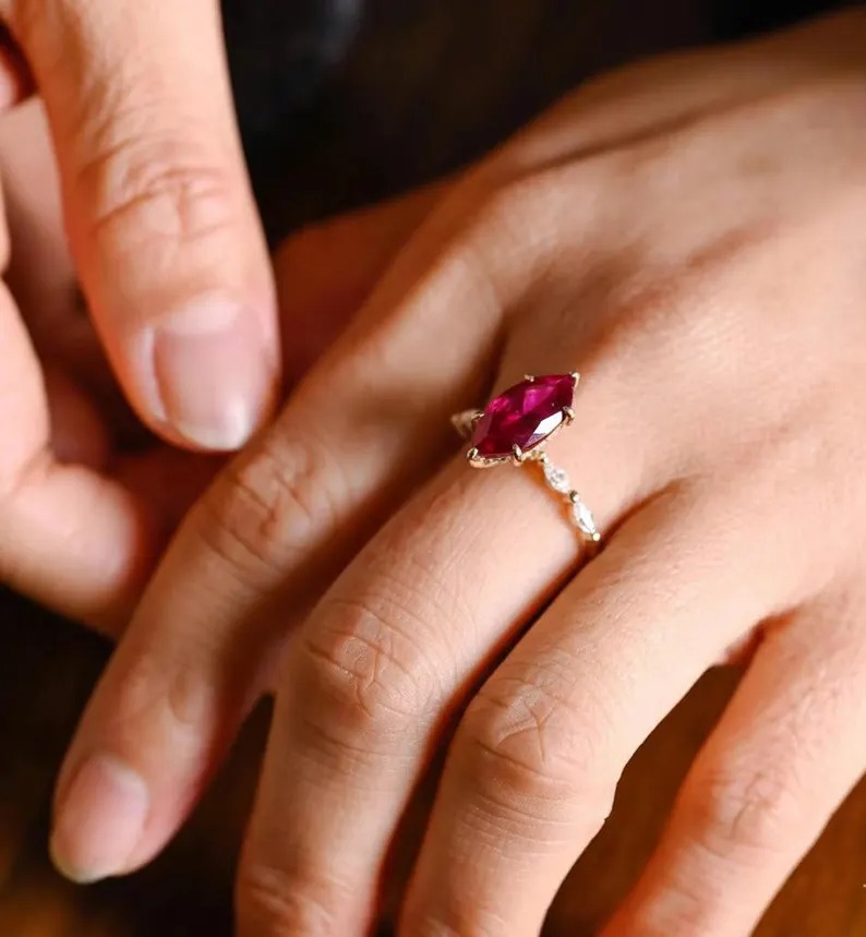 Ruby Ring, Marquise Cut Ruby Engagement Ring, Hidden Halo Weeding Ring With Marquise Side CZ Accent Ring, Anniversary & Bridal Gift For Her