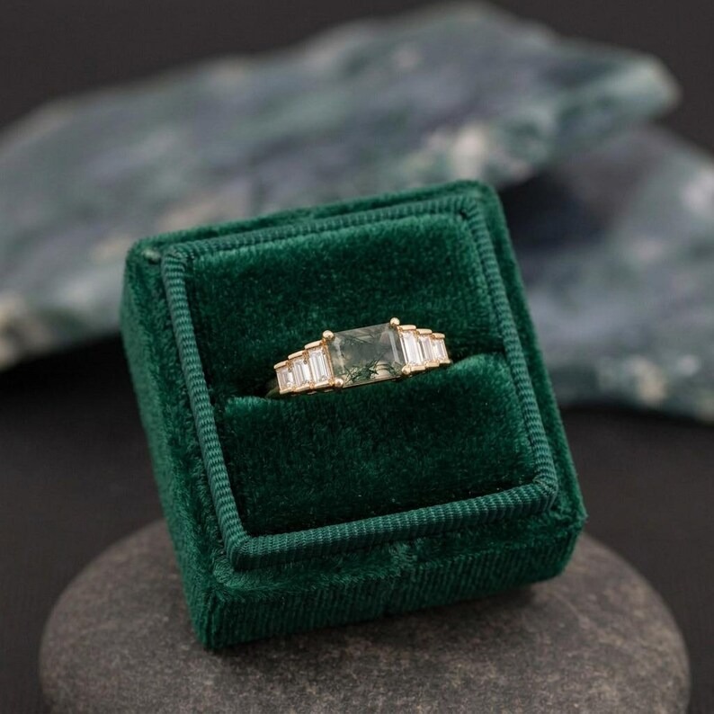 14K Solid Gold Moss Agate with Moissanite Cluster Ring, Solid Gold Baguette Gemstone Ring, Natural Green Moss Agate Baguette Engagement Ring