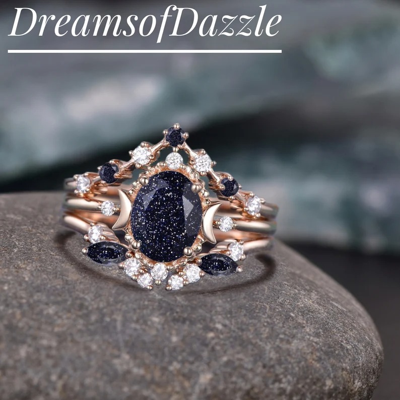 1.5ct Vintage Moon Engagement Ring Celestial Wedding Ring Set Oval Cut Moissanite Engagement Ring Set Rose Gold Women Bridal Set Unique