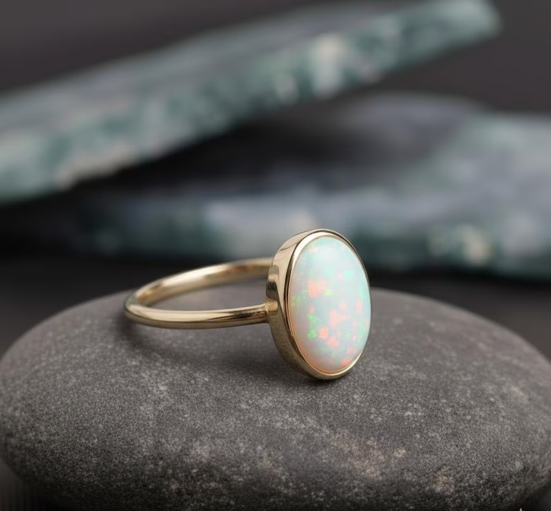 Oval Opal Ring-14k Solid Gold Ring, October Birthstone Ring, Oval Cut Natural Opal Anniversary Ring, Gift For Her, Matching Stackable Ring