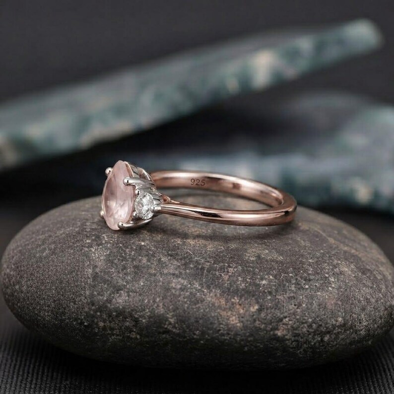 Natural Rose Quartz Three Stone Accent Ring, 925 Sterling Silver Ring For Her, Dainty Promise Ring, Pear Cut Rose Quartz Engagement Ring