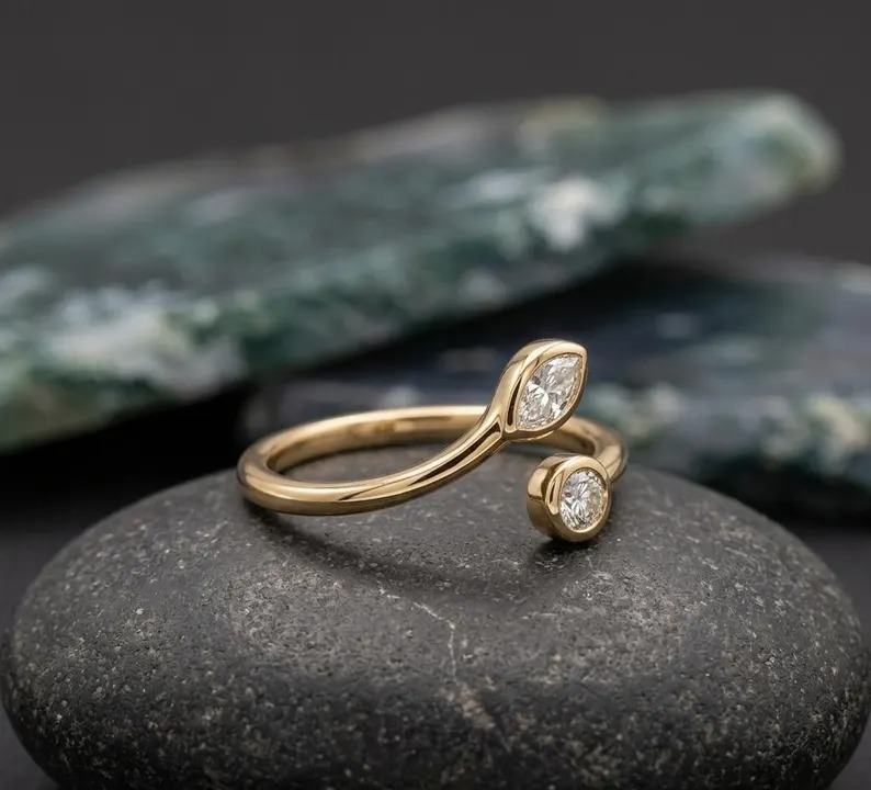 Open Diamond Ring In 14K Gold:- Marquise Cut Round Moissanite Engagement Ring, Handmade Open Wedding Band, Anniversary Gift, Christmas Gift