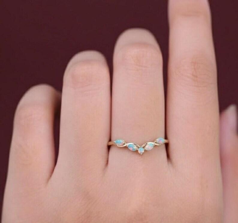 Delicate Opal Vintage curved wedding band Unique rose gold Marquise Art deco Matching stackable Opal ring Women Dainty bridal Promise Rings